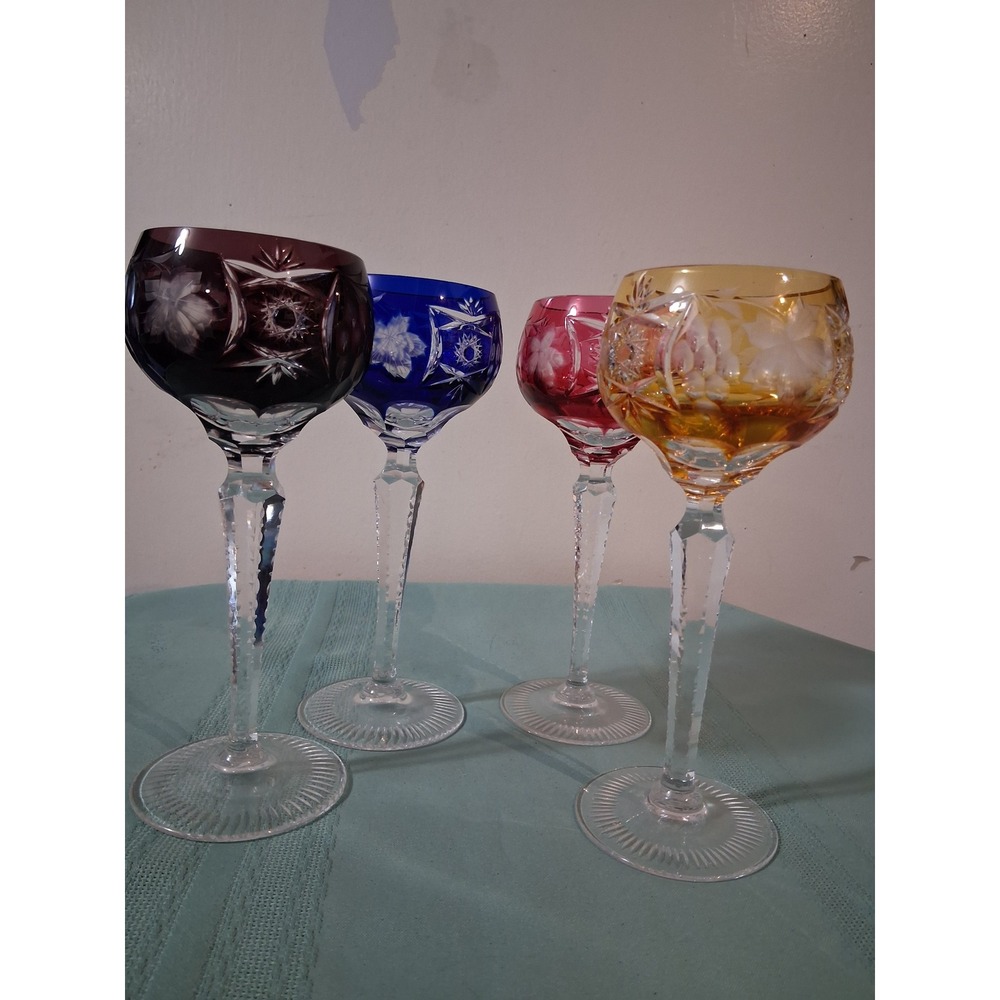 Set of 4 Vintage nachtmann Multi Color Cut to Hock Wine Glasses Floral Star